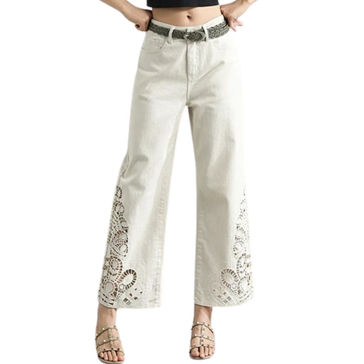 Wide Leg Embroidered Cut-Out Ankle Jeans