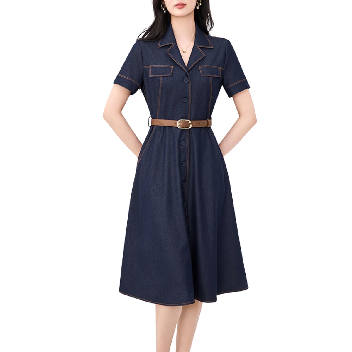 Short-Sleeve Belted Denim Knee-Length Shirtdress