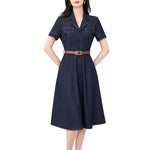 Short-Sleeve Belted Denim Knee-Length Shirtdress