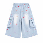 Heart Embroidery Striped Cargo Denim Capri Shorts