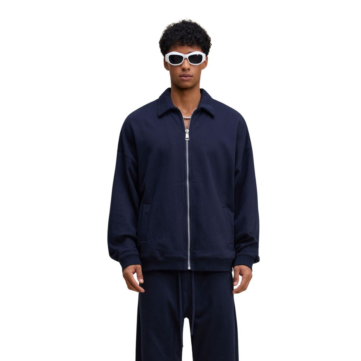 Relaxed Zip-Front Solid Color Sweatshirt