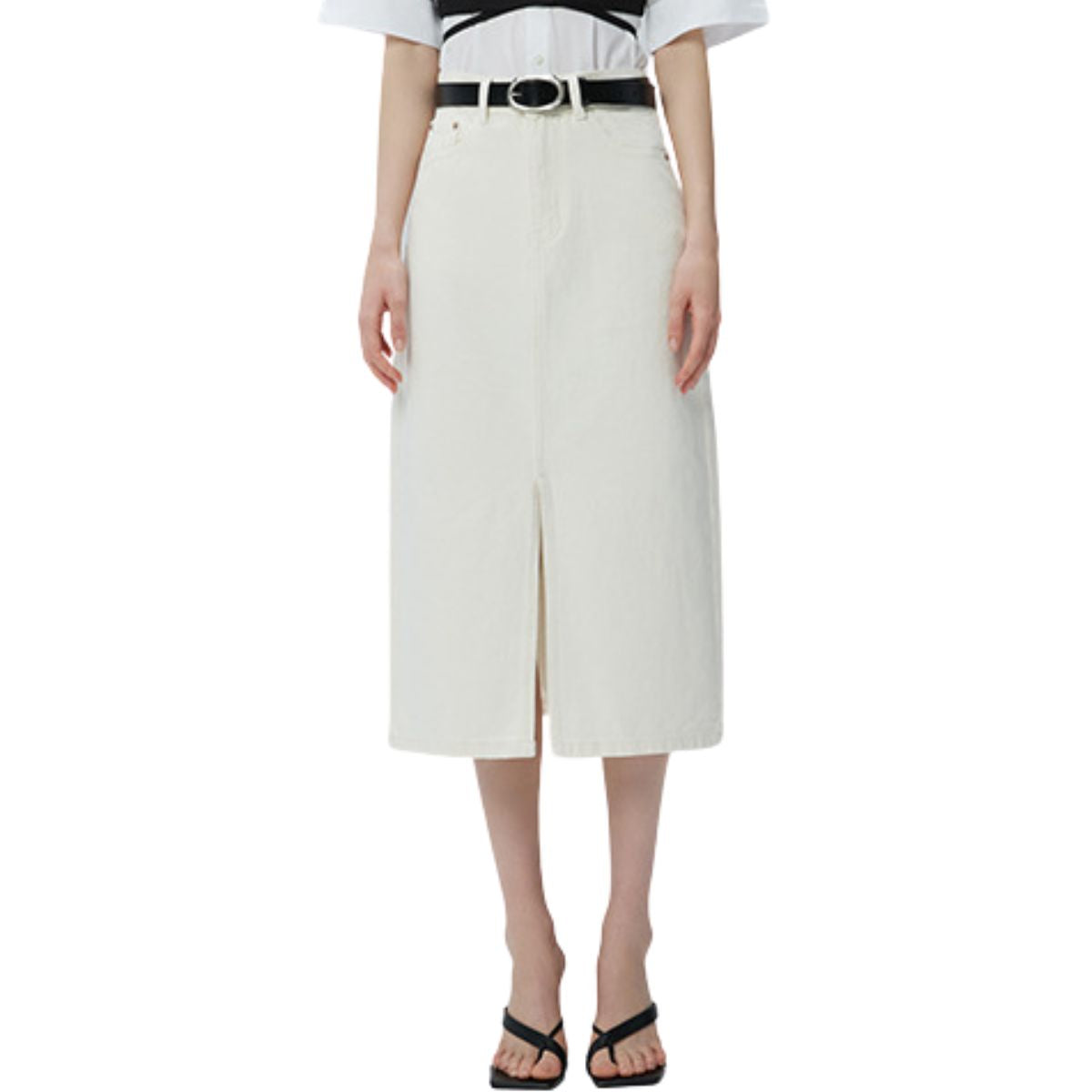 White High-Rise Denim Midi Skirt