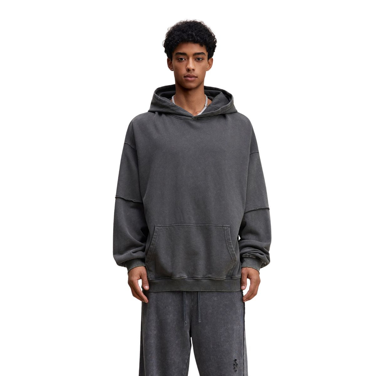 Two-Layer Sleeve Acid Washed Cotton Hoodie