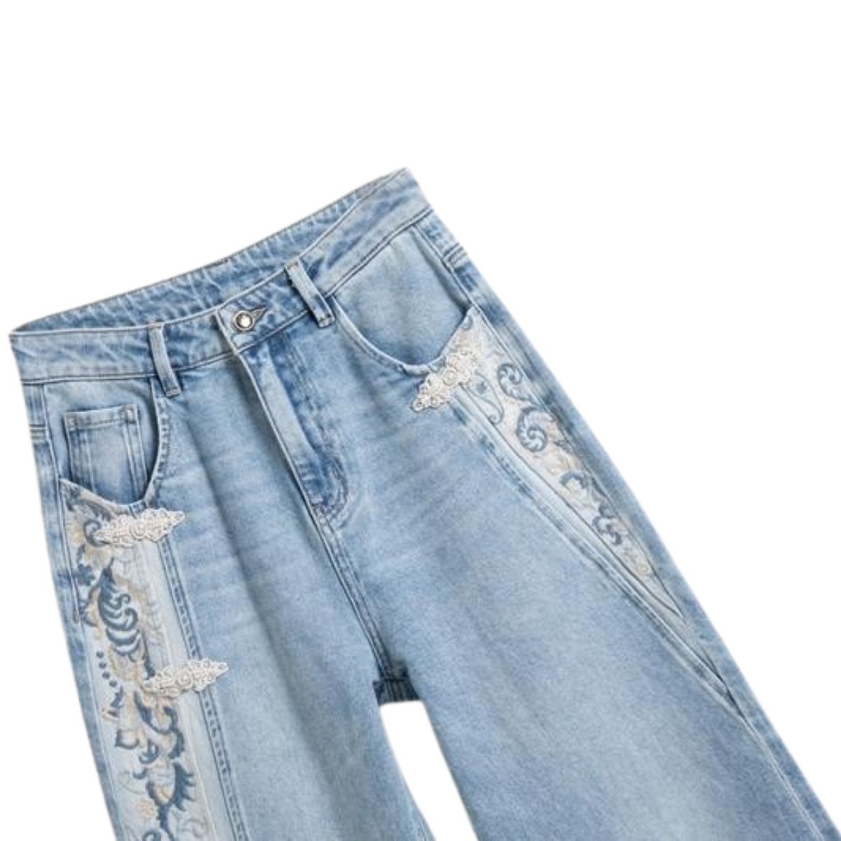 Raw Hem Embroidered Pearl-Frog Closures Jeans