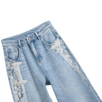 Raw Hem Embroidered Pearl-Frog Closures Jeans