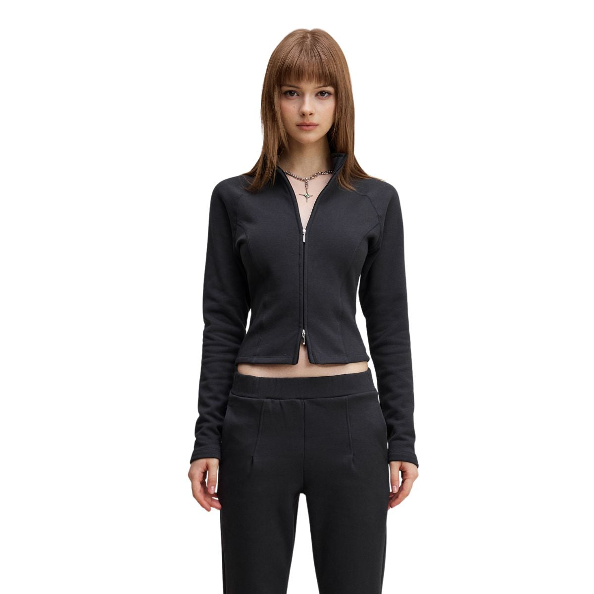 Double-Slider Zipper Fleece Cropped Sweatshirt