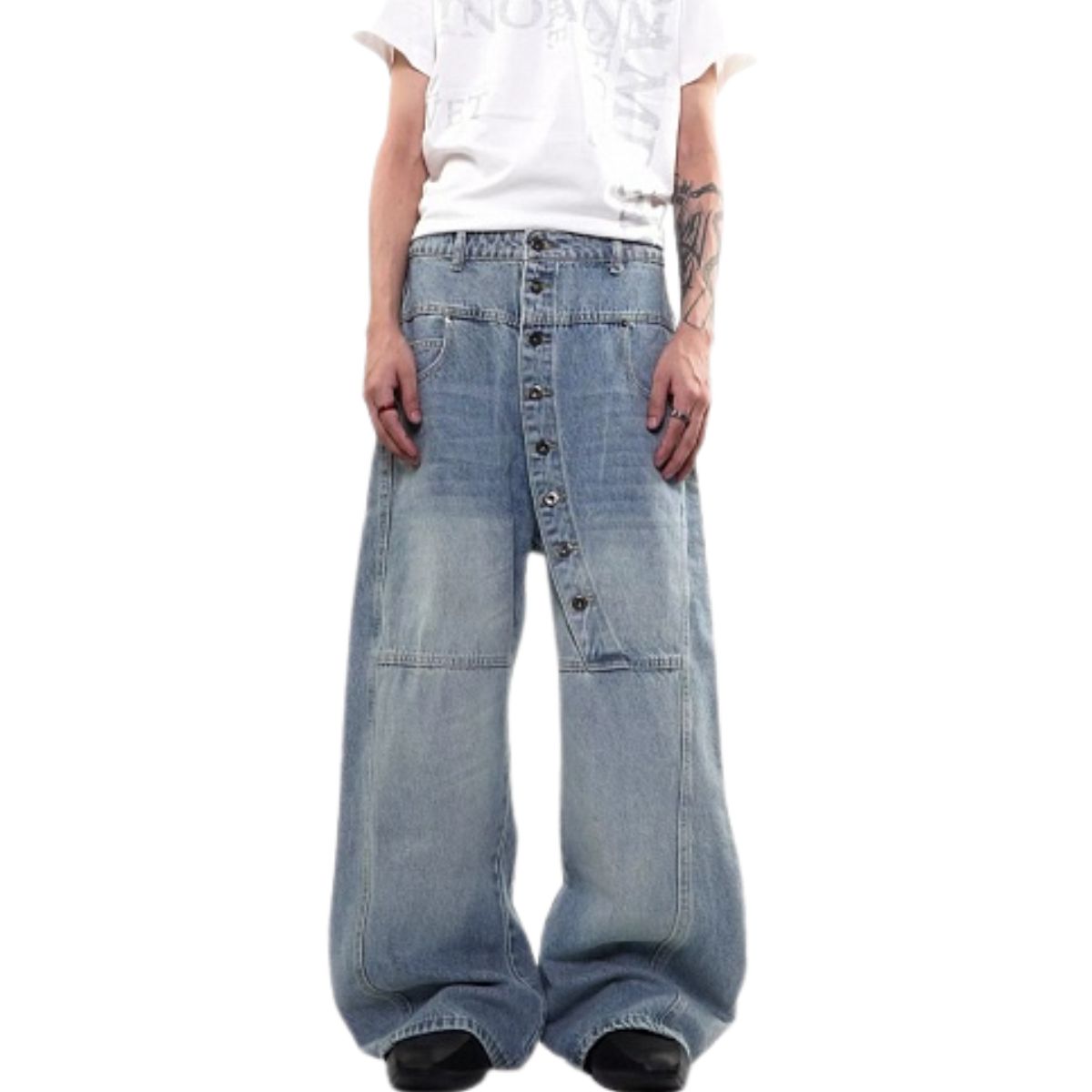 Asymmetric Button Curved Seam Wide Leg Denim Jeans
