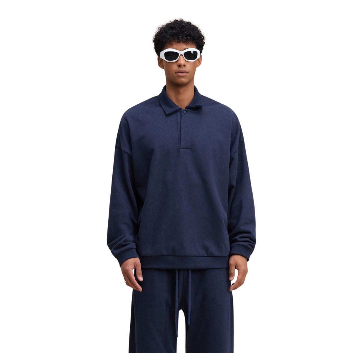 Relaxed Fit Solid Color Polo Neck Sweatshirt