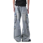 Vintage Wash Multi-Pocket Cargo Straight Leg Denim Jeans