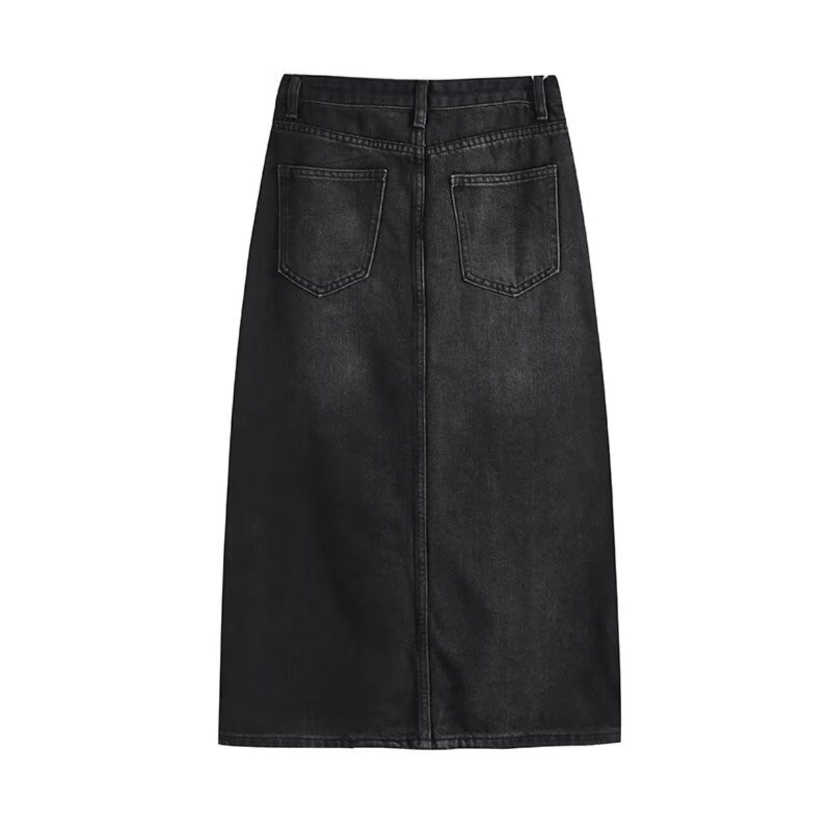 Black Washed Denim Midi Skirt