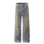 Blue Wash Distressed Ripped Wide-Leg Jeans