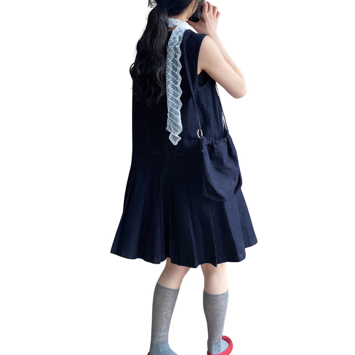 Loose-Fit Pleated Denim Mini Dress