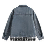 Men's Retro Plaid Patchwork Fake Two-piece Denim Jacket