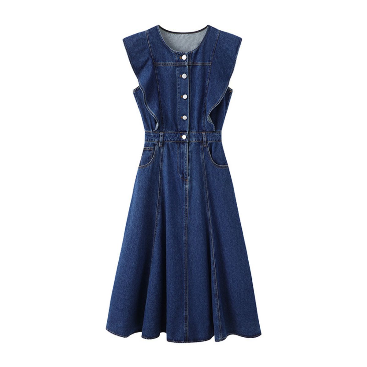 Armhole Ruffle Sleeveless Denim Midi Dress