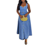 Button-Front Belted Denim Slip Midi Dress