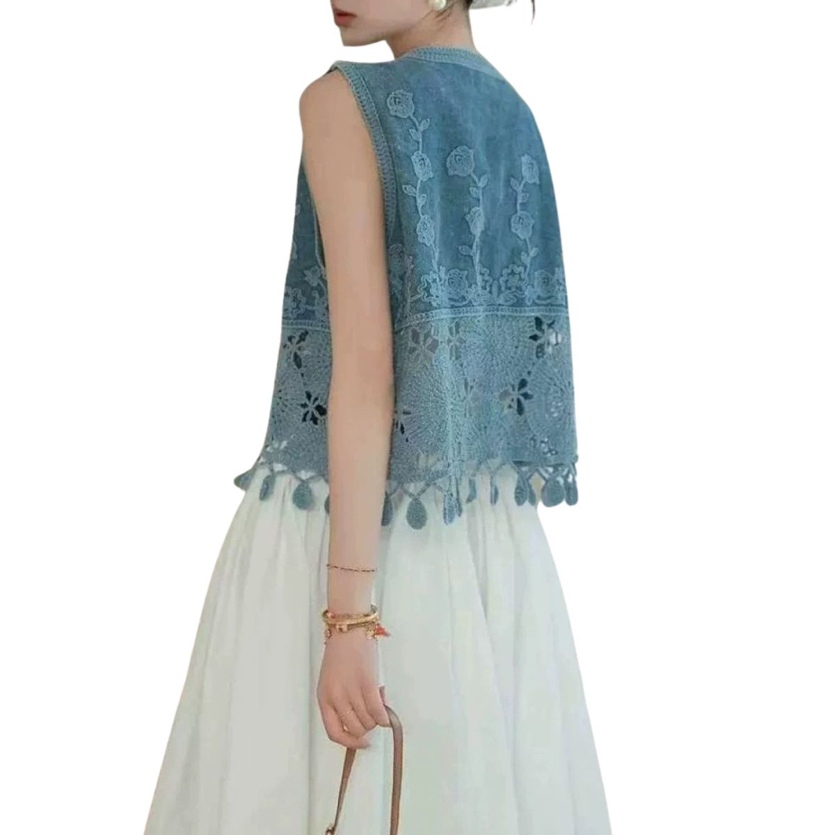 Floral-Embroidered Cut-Out Denim Vest