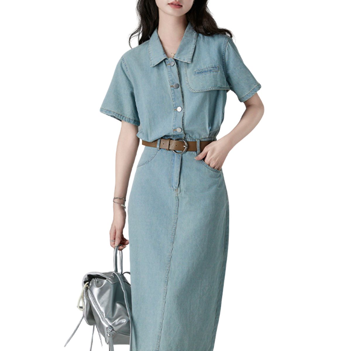 Pleated Short Sleeve Midi Denim Shirtdress