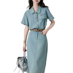 Pleated Short Sleeve Midi Denim Shirtdress