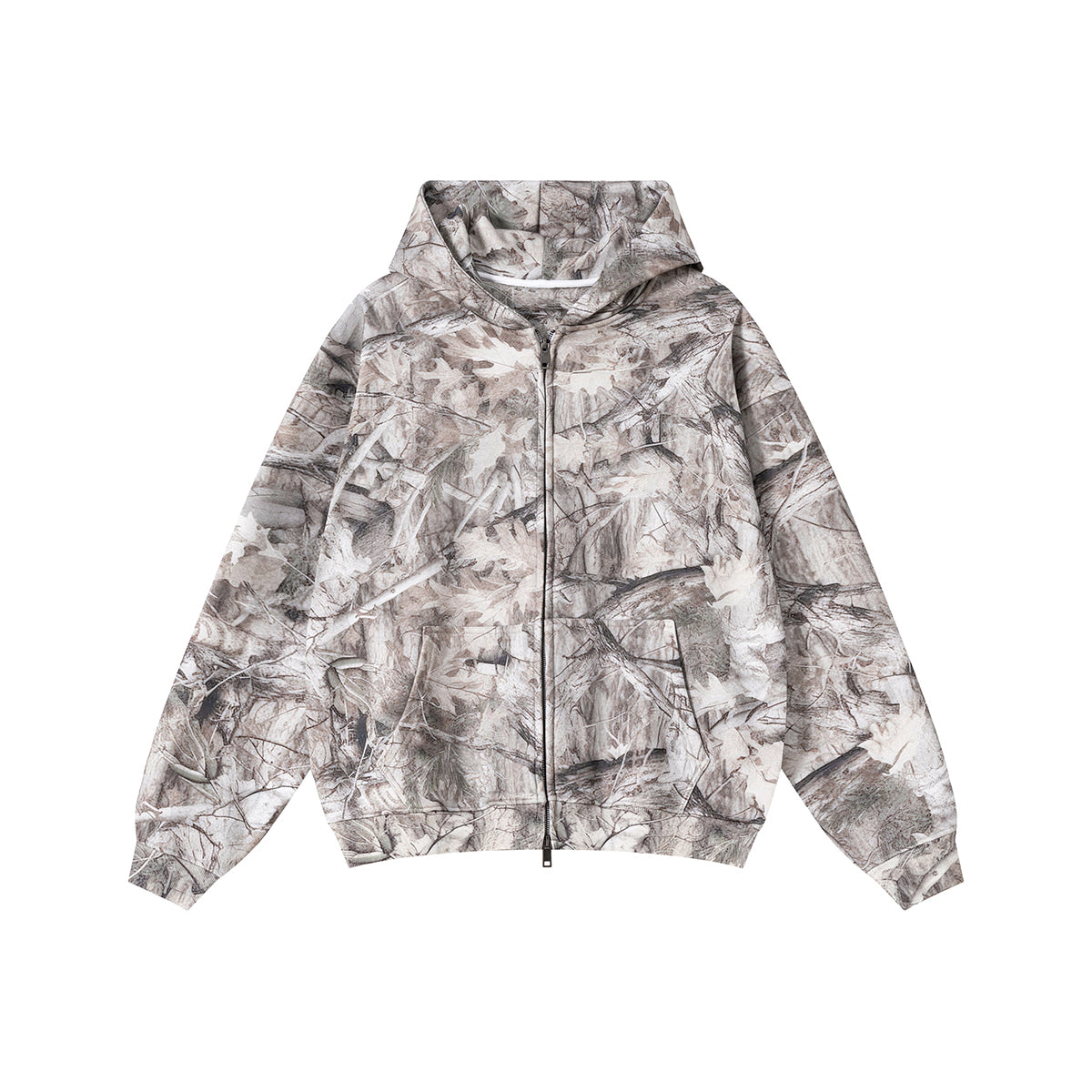Double-Slider Zipper Branch Camouflage Fleece Hoodie