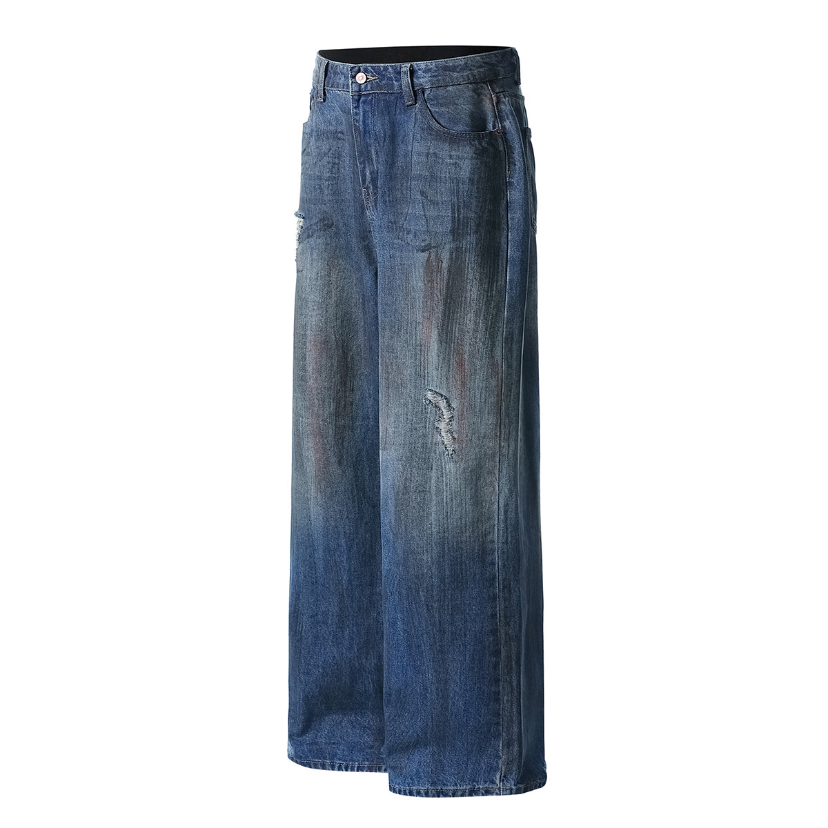 Faded Wash Distressed Baggy Frayed-Hem Jeans