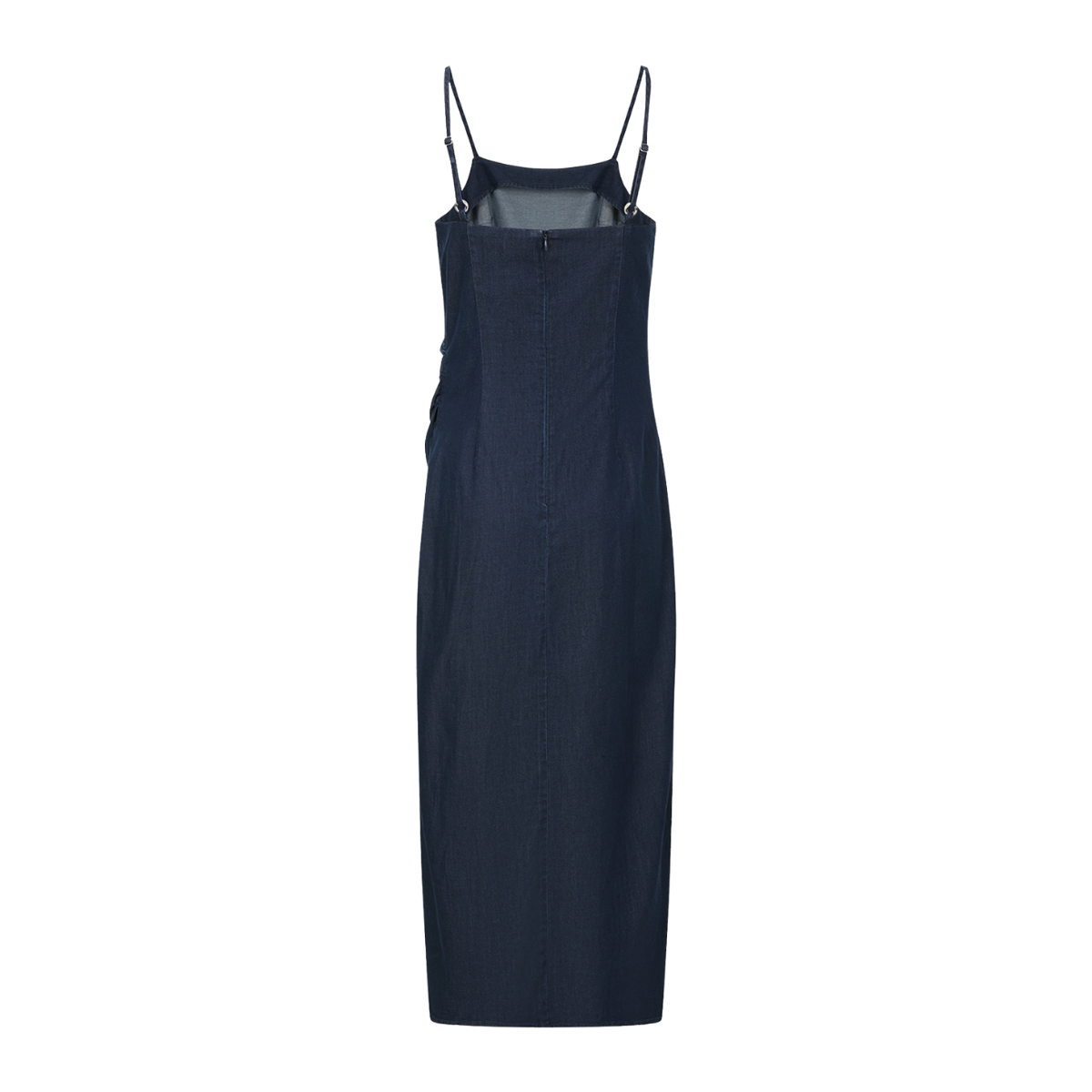 Side Ruched Spaghetti Strap Denim Midi Dress