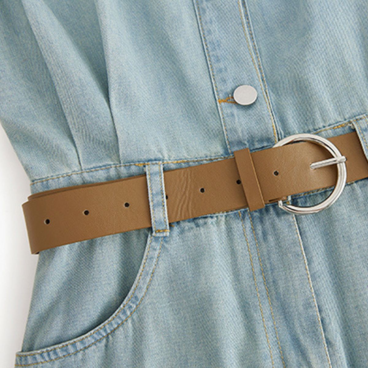 Pleated Short Sleeve Mini Denim Shirtdress