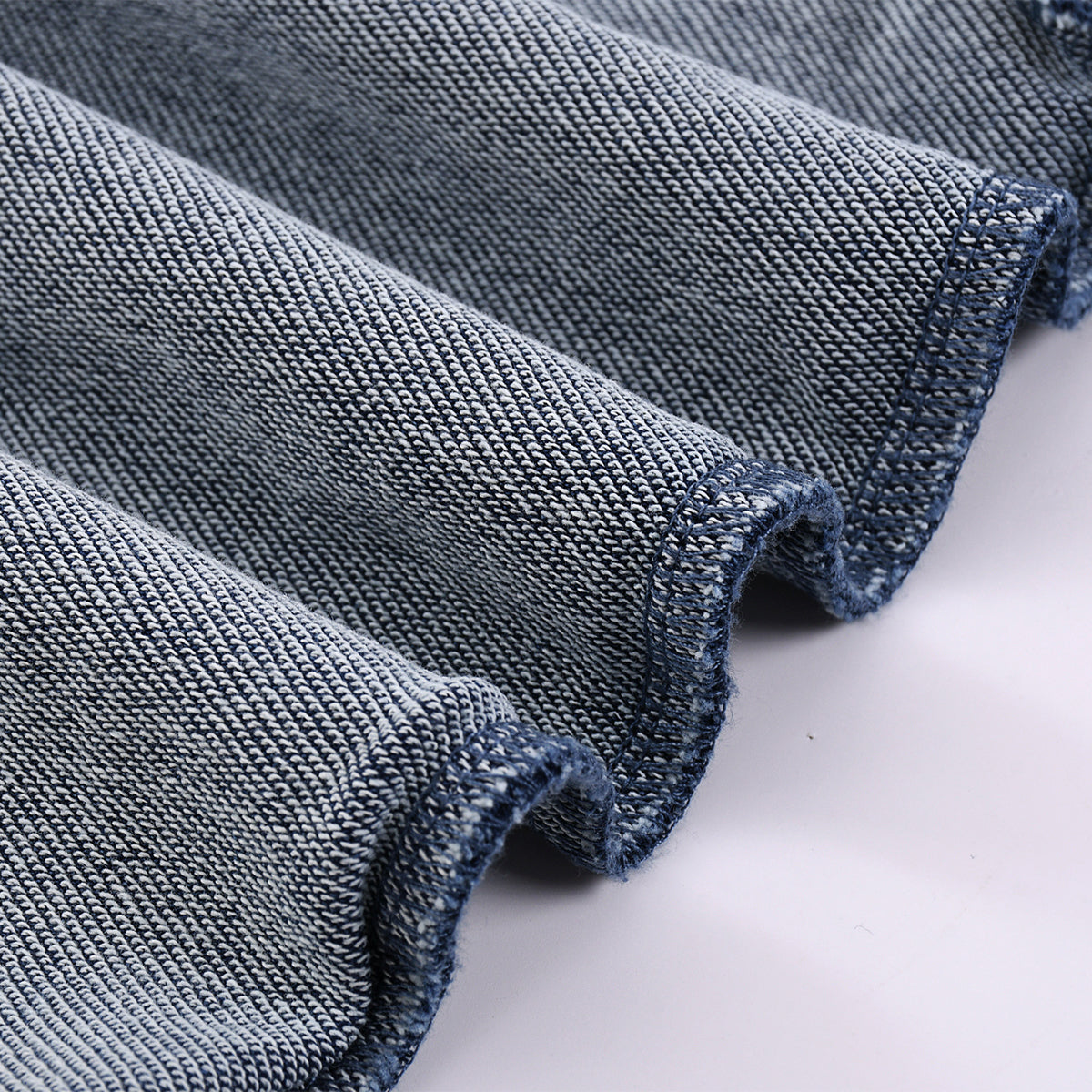 Crew Neck Washed Knit Denim Sweatshirt