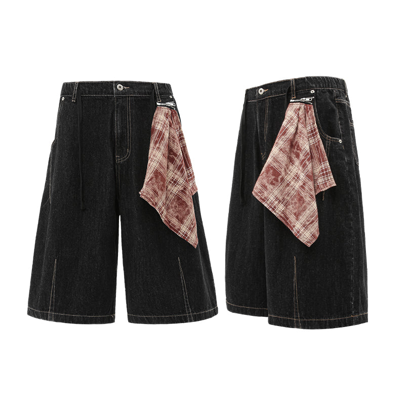 Checkered Bandana Baggy Denim Bermuda Shorts