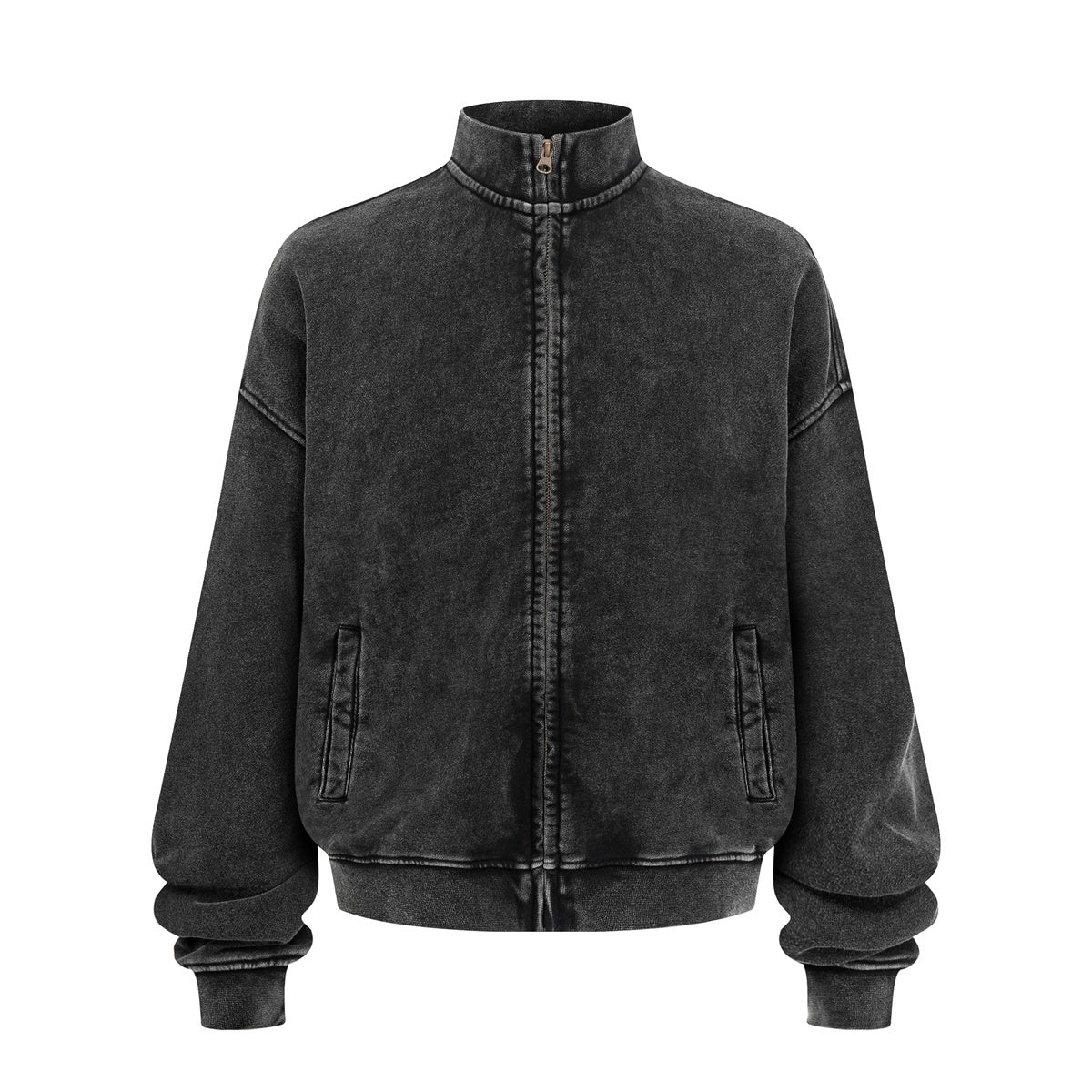 Vintage Zip-Up Ribbed Stand Collar Sweatshirt