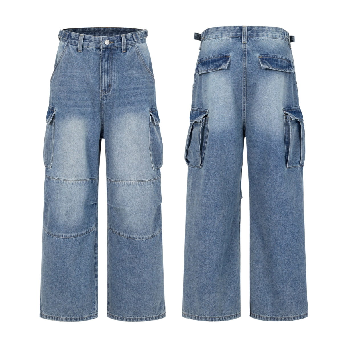 Pleated Vintage Wash Denim Baggy Jeans
