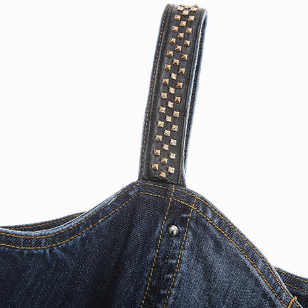 Patchwork Denim Stud-Embellished Midi Dress