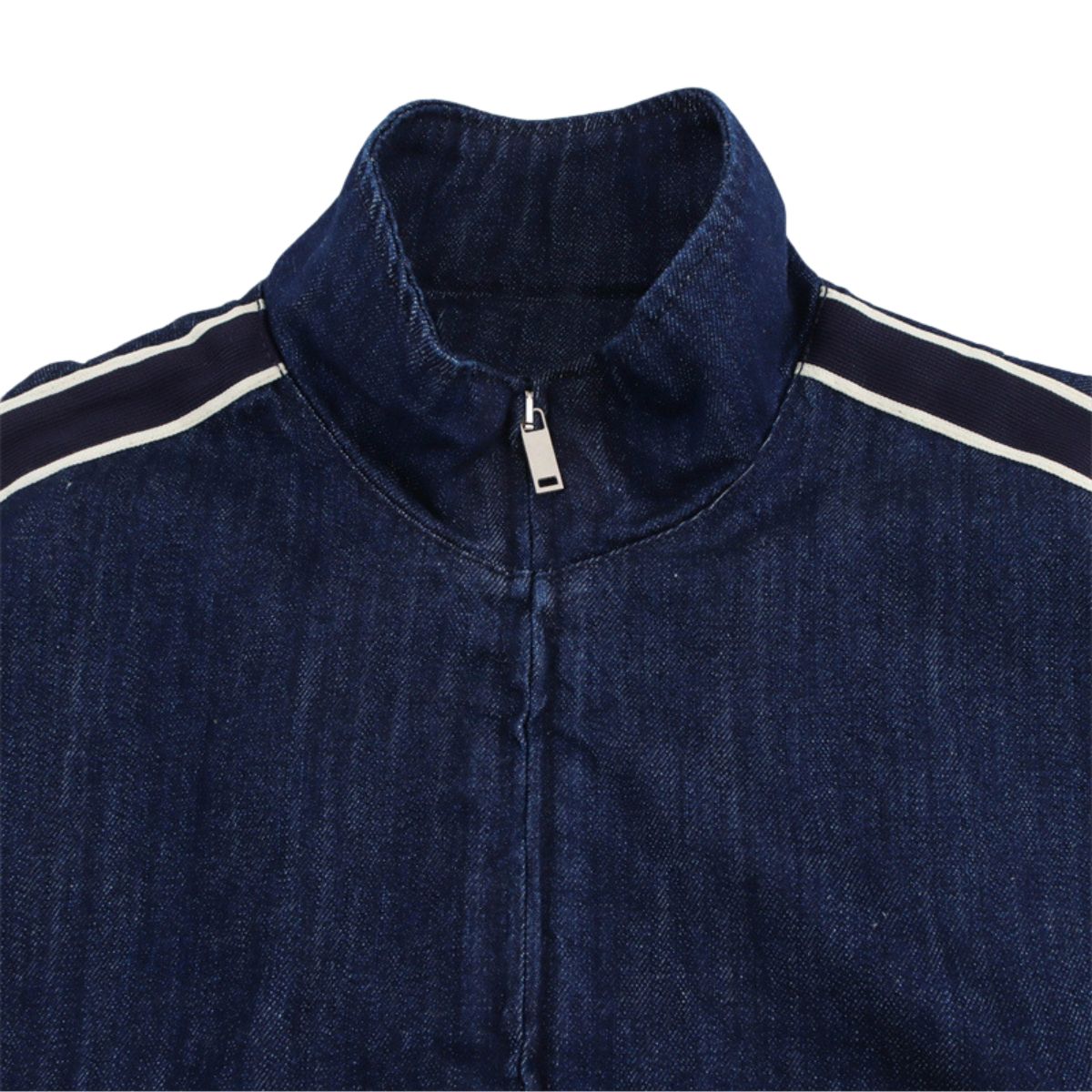 Zip-Front GatheredContrast Stripes Denim Jacket