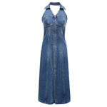 Blue Halter Neck Zip Front Denim Midi Dress