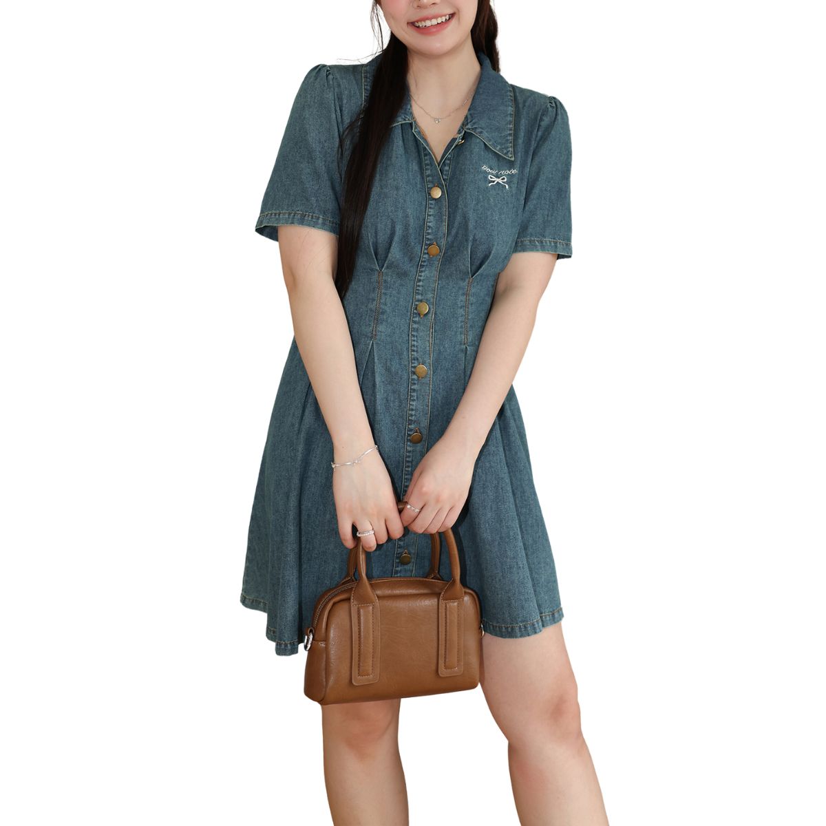 Bow-Embroidered Corset Denim Mini Dress