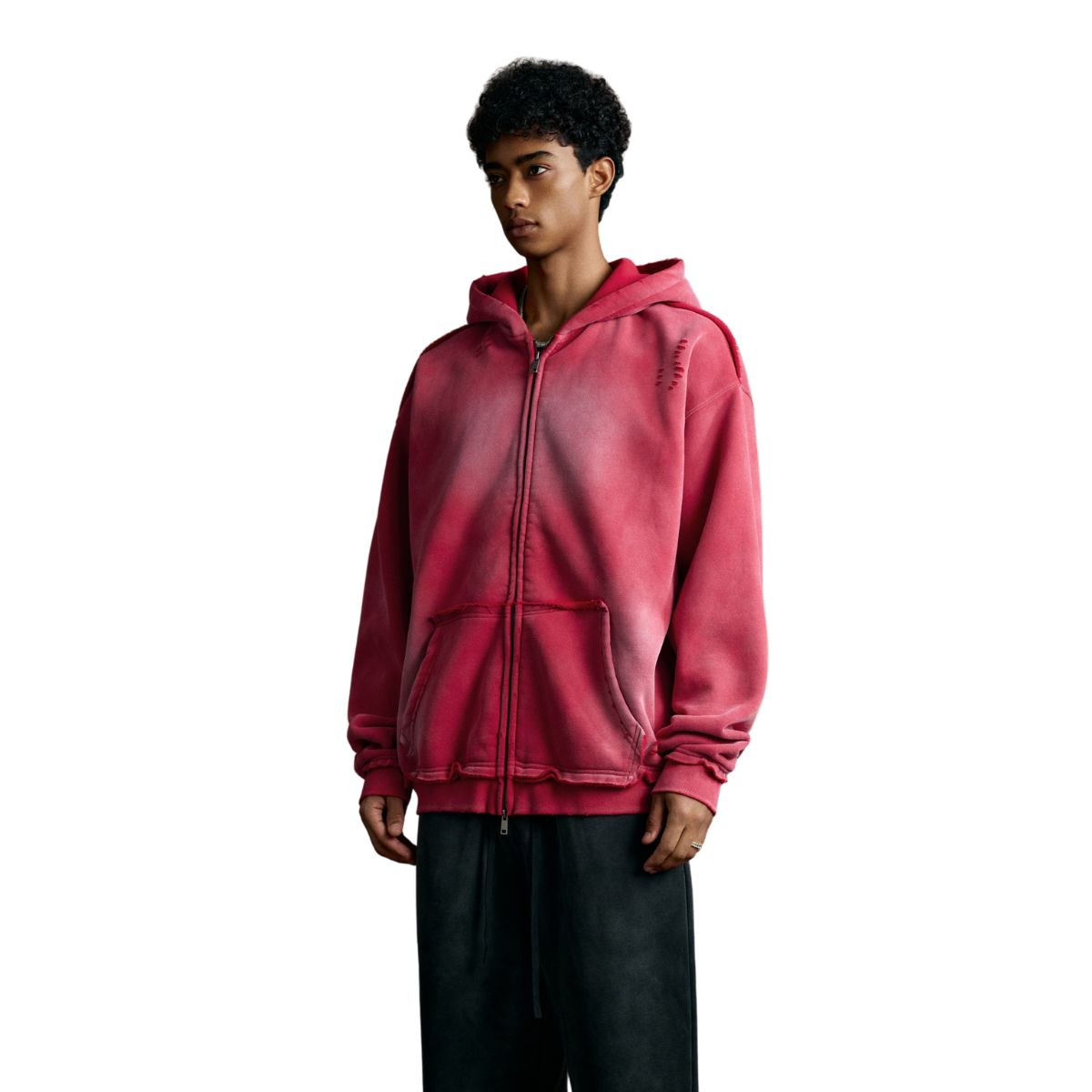 Front-Zip Raw Edge Ripped Hoodie