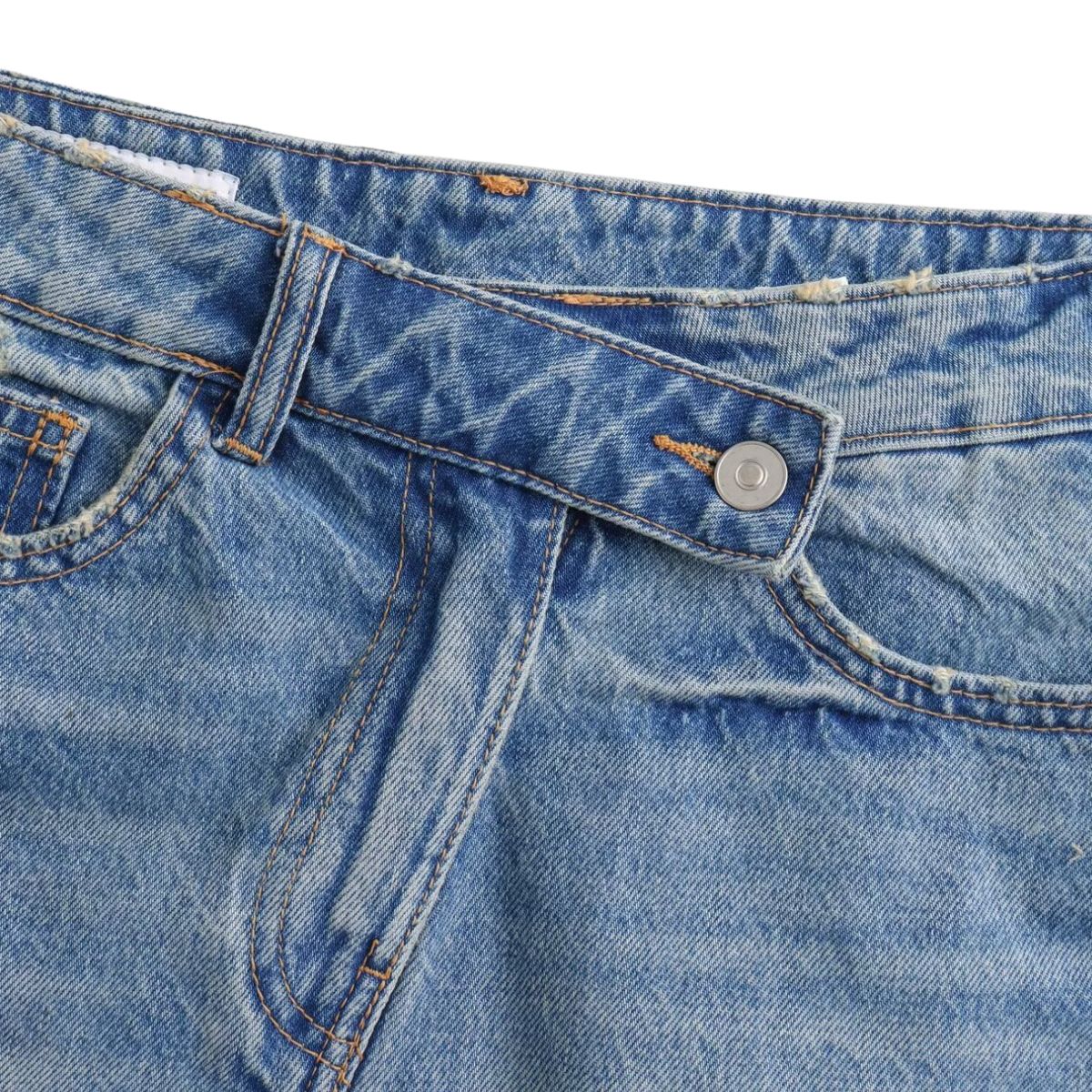 Crossover Asymmetric Waist Distressed Denim Mini Skirt