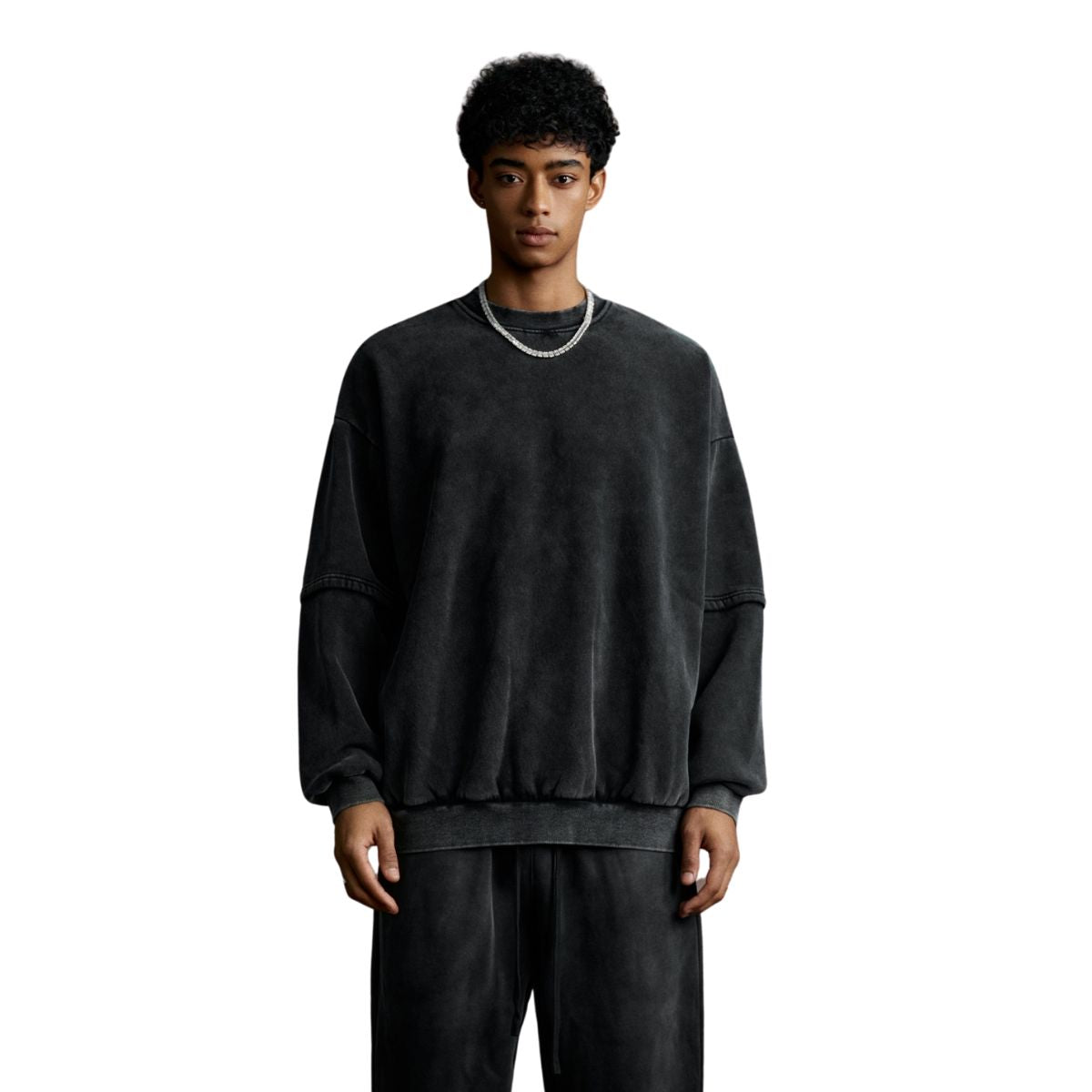 Crew Neck Mock Two-Layer Fleece Sweatshirt