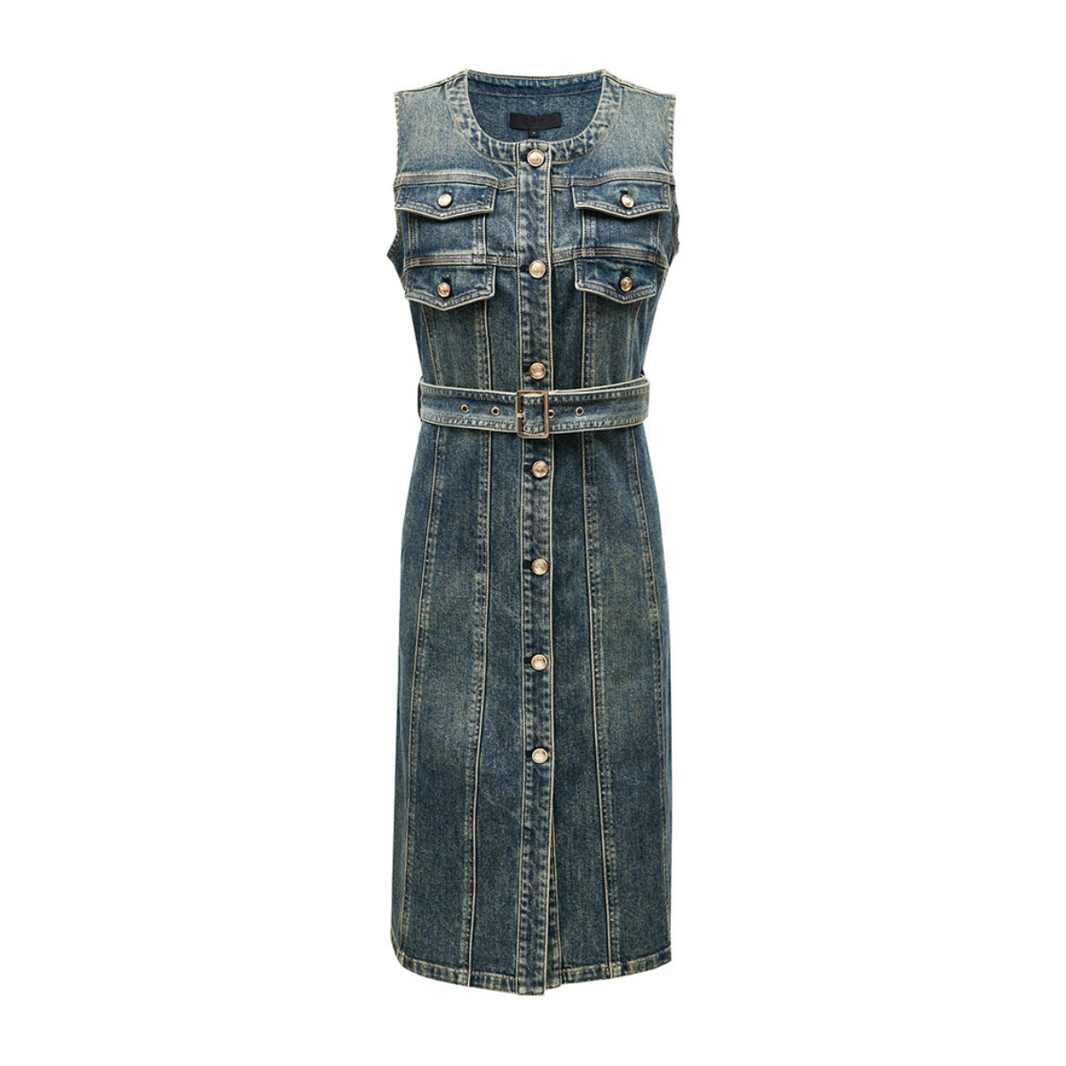 Utility Pockets Sleeveless Belted Denim Dress