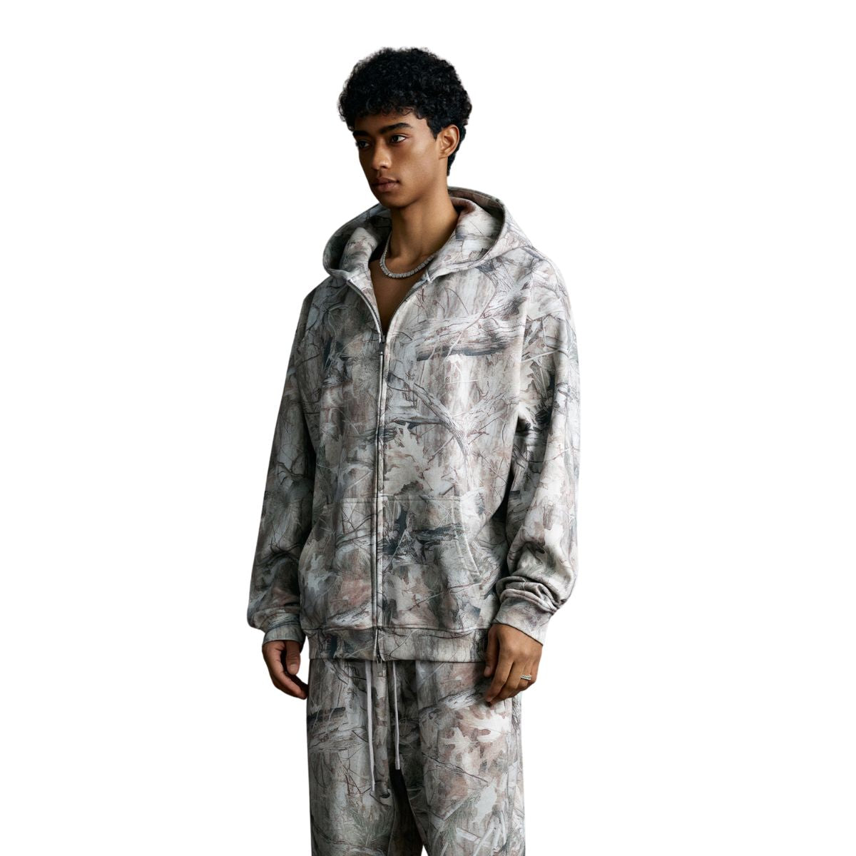 Double-Slider Zipper Branch Camouflage Fleece Hoodie