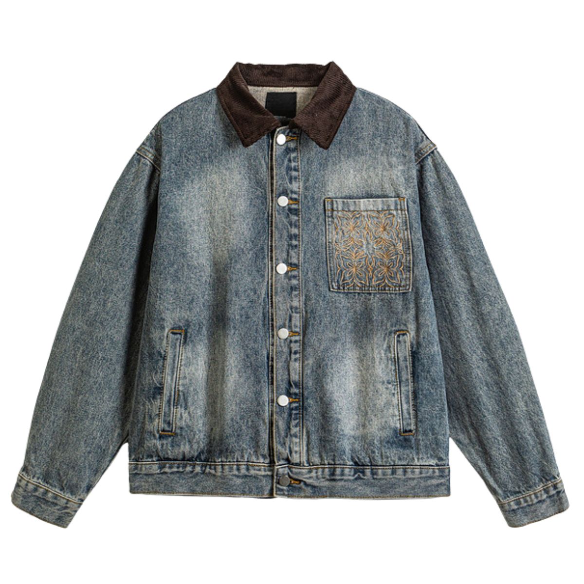Washed Embroidered Design Spring & Autumn Pocket Denim Jacket