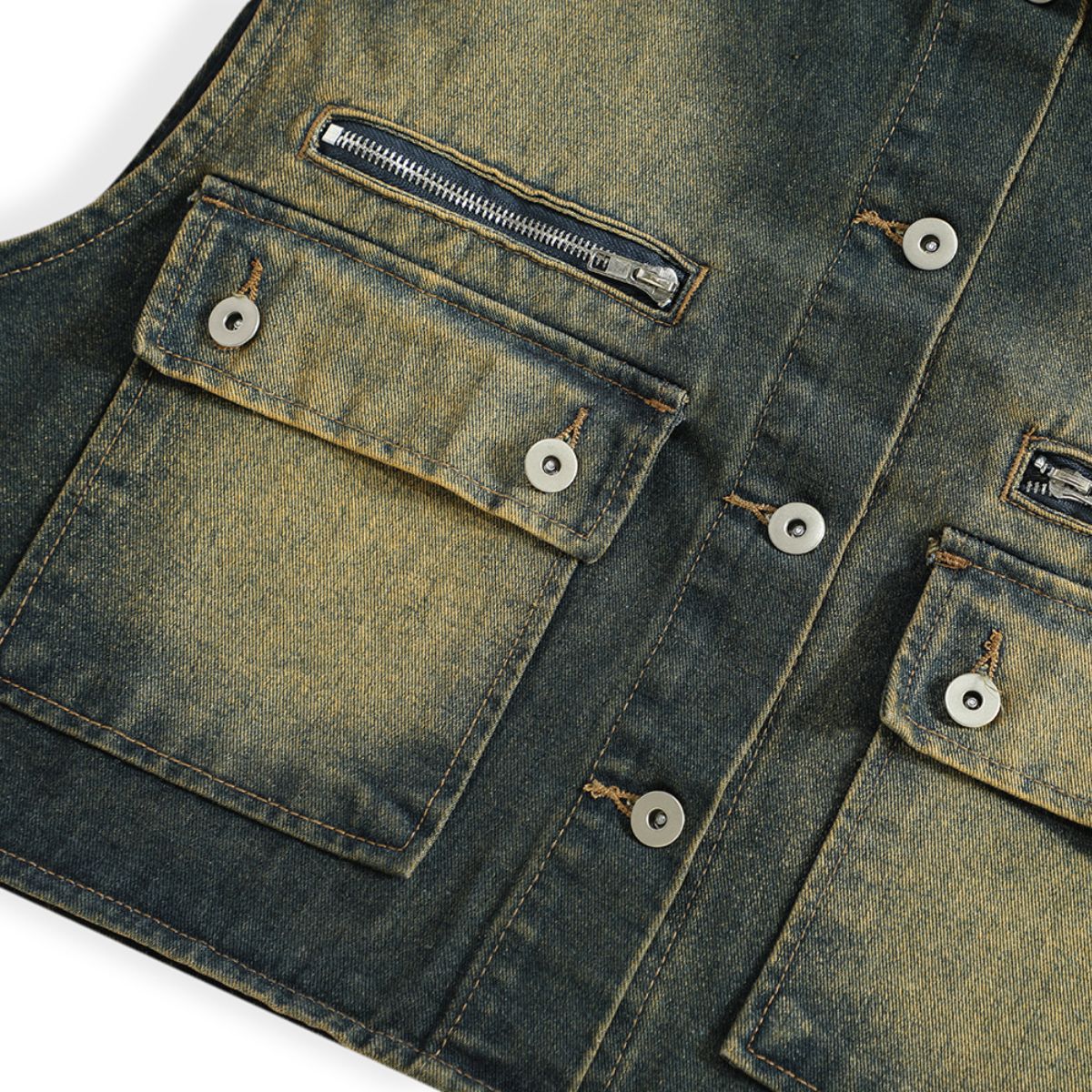 Button-Front Washed Denim Vest