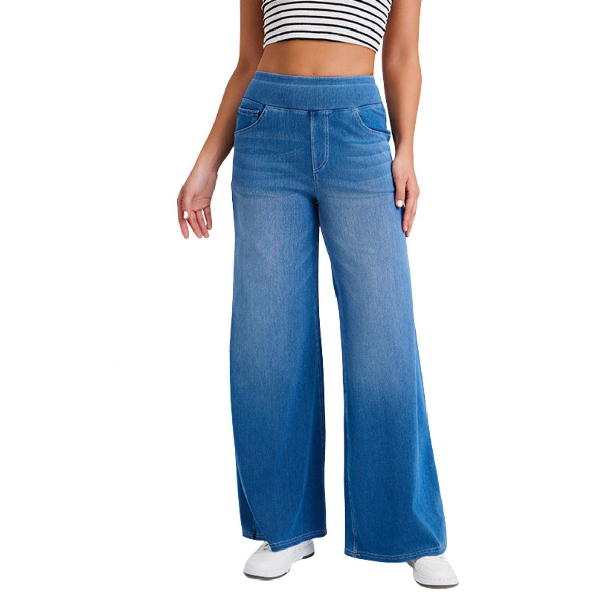 Women's Vintage Whiskered Wide Leg Jeans Stretchy Casual Pants