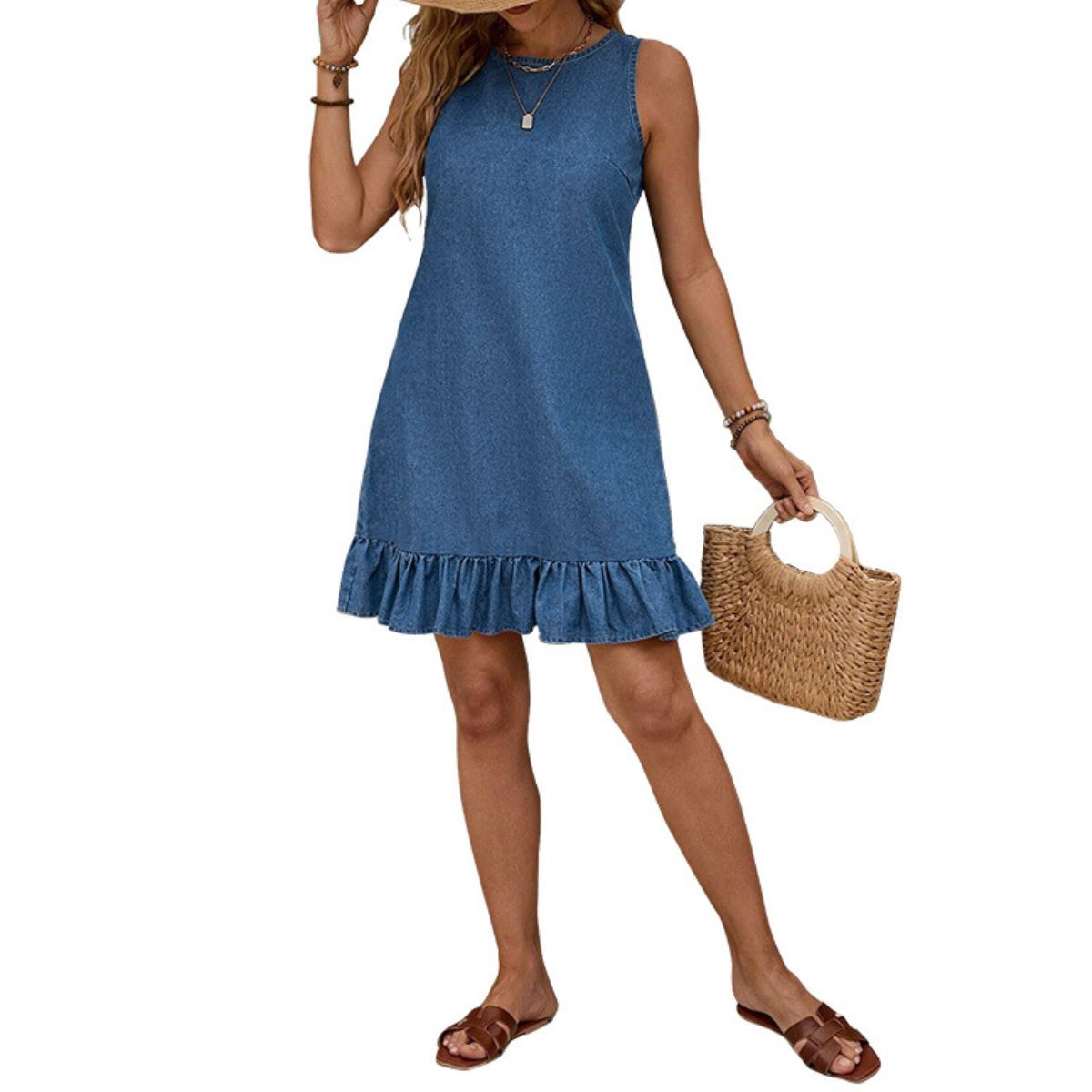 Ruffle Hem Sleeveless Denim Mini Dress