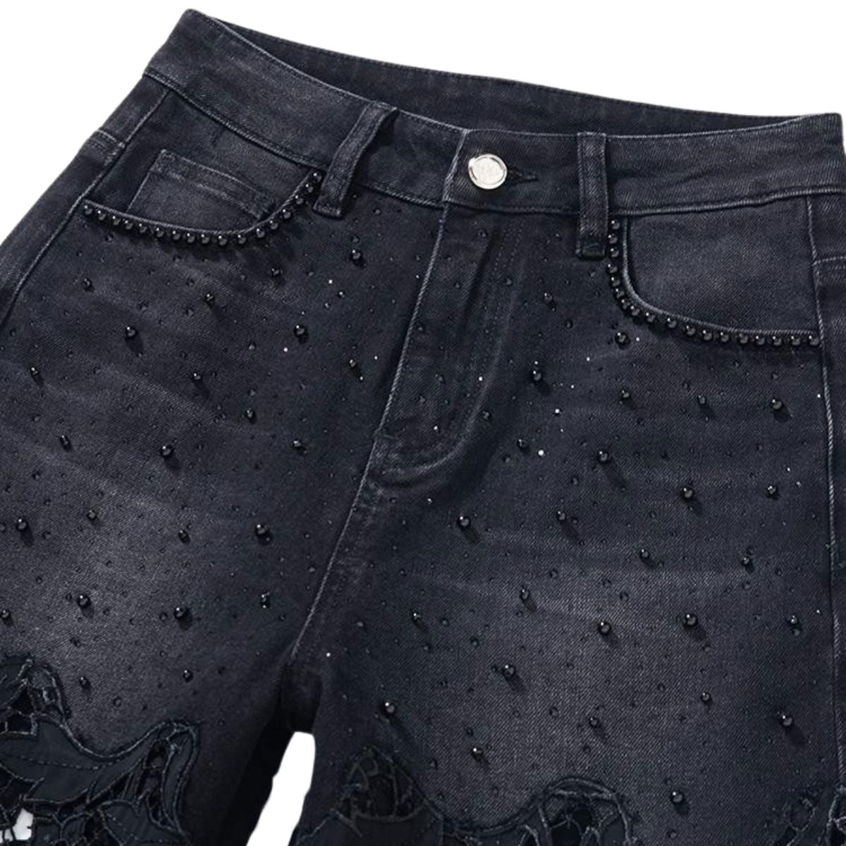 Floral-Embroidered Cut-Out Wide-Leg Jeans