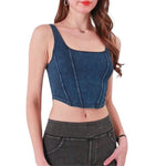 Knit Denim Square Neck Cropped Tank