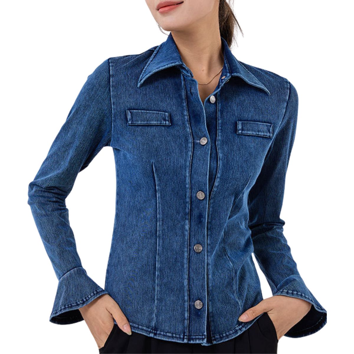 Knit Denim Button-Front Long Sleeve Shirt