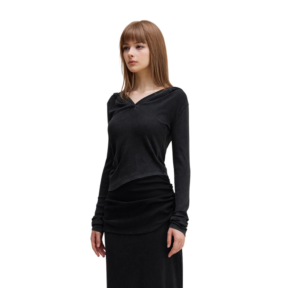 Ruched Fitted Long Sleeve Hoodie Top