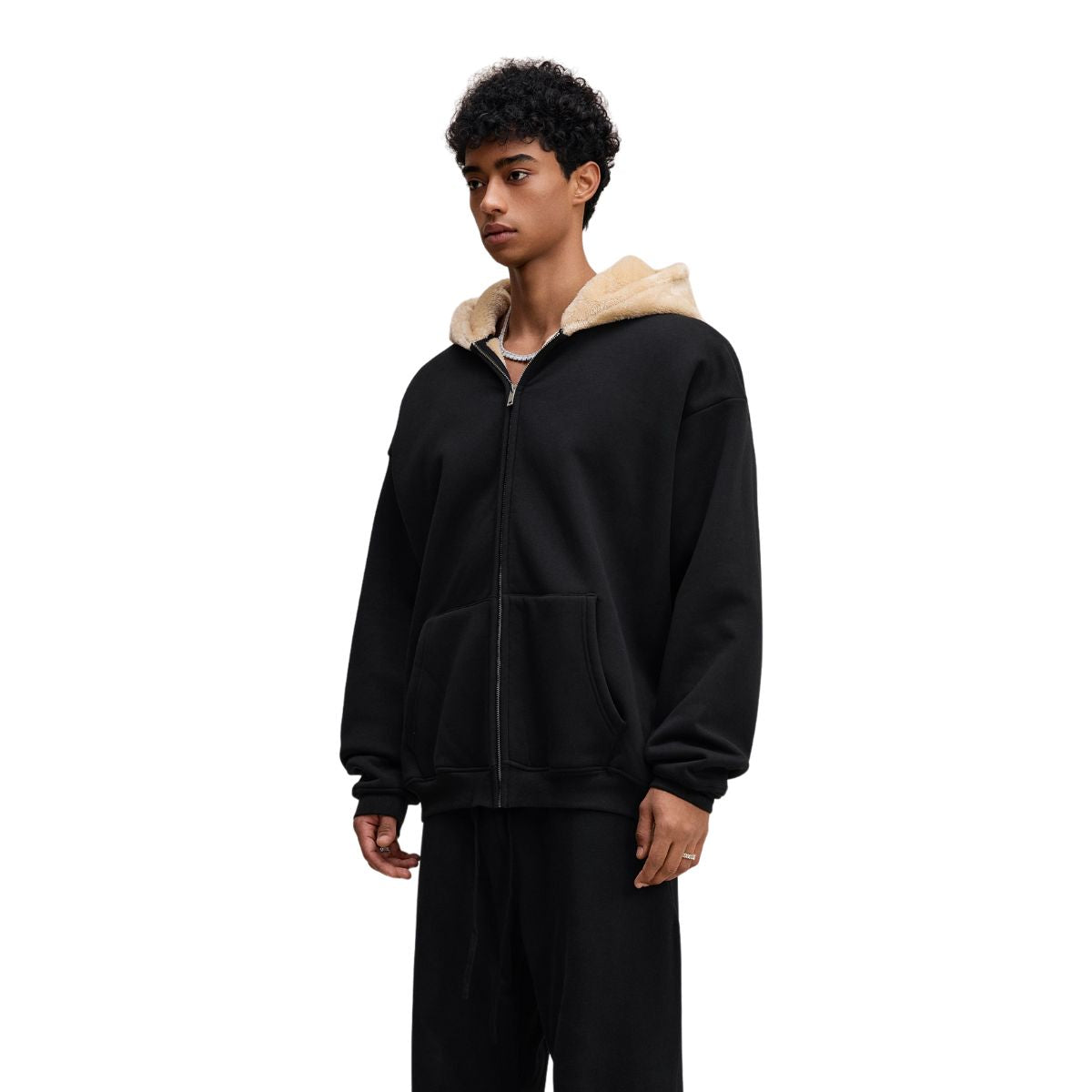 Zip-Up Loose Fit Plush-Lined Hoodie