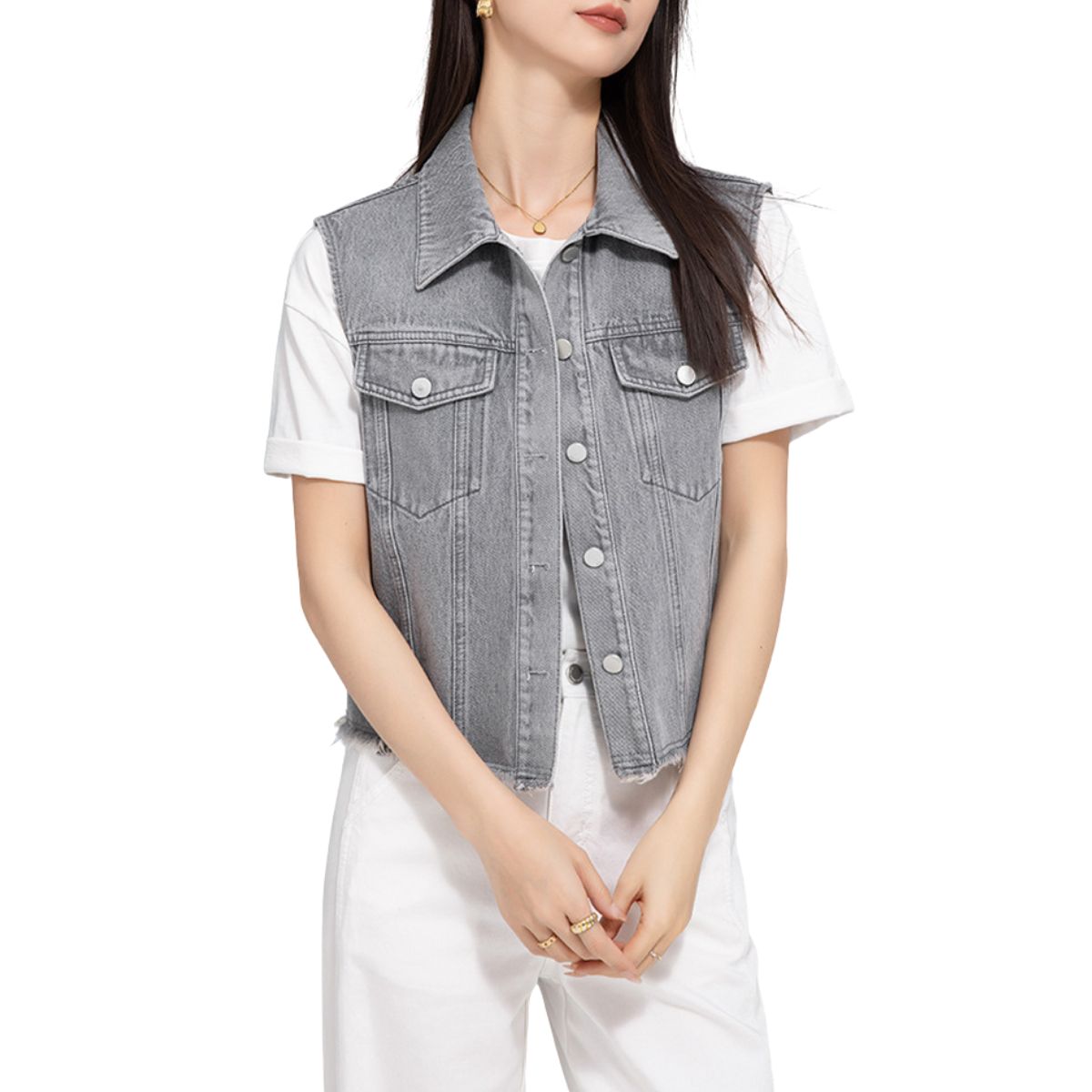 Gray Raw Hem Relaxed Denim Vest