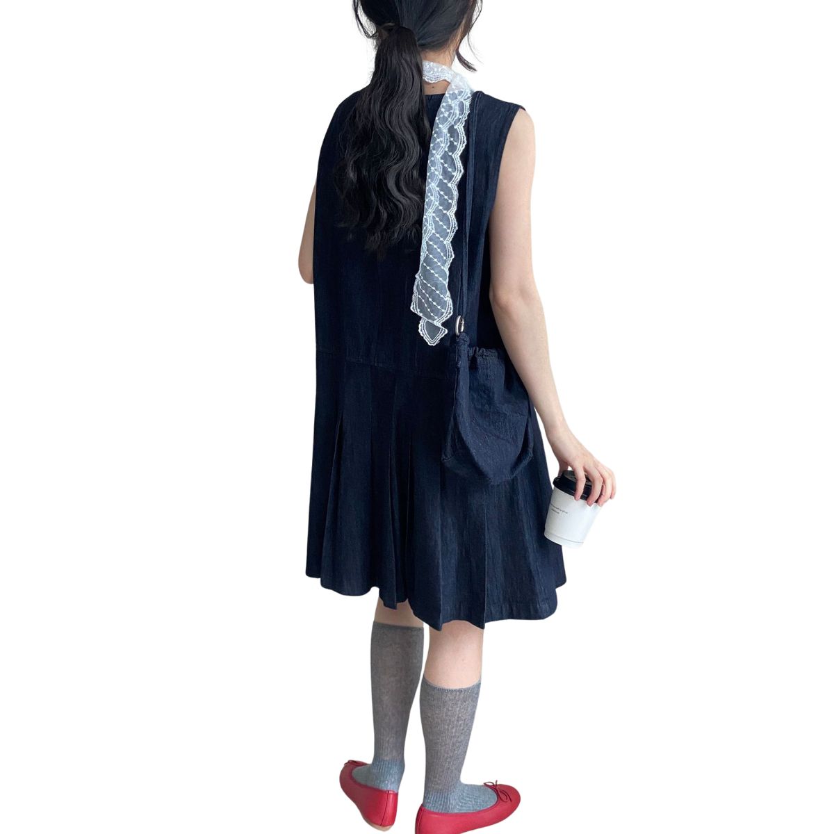 Loose-Fit Pleated Denim Mini Dress